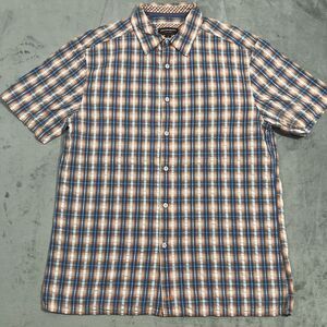 Johnston And Murphy Plaid Button Up Shirt Mens Medium M Blue‎ Orange Seersucker